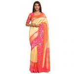 [Master Link] Shasmi Women’S Banarasi Beige And Pink Silk Blend Kanjivaram Jacquard Woven Saree For Women (Aditi Kanchipuram Beige Pink Shasmi), Free Size