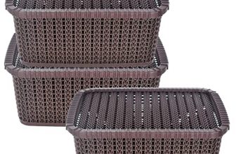Heart Home Multipurposes Large M 20 Plastic Basket, Organizer For Kitchen, Countertops, Cabinets, Bathroom With Lids- Pack Of 3 (Brown) -46Hh066