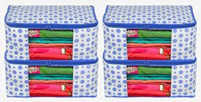 Kuber Industries Dot Printed Non-Woven Saree Cover, Cloth Organizer, Wardrobe Organiser With Tranasparent Window- Pack Of 4 (Blue)-46Km0496