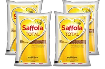 Saffola Total Refined Cooking Oil | Blended Rice Bran & Safflower Oil | Helps Manage Cholesterol | Pouch, 4 X 1L Pouch
