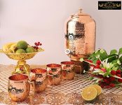 Premium Quality 12 Ltr Copper Water Dispenser With Designer Brass Knob And Four Copper Hammered Barrel Mugs By Crockery Wala And Company, 99.5% Pure Copper Matka For Kitchen Enhances Health