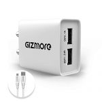 Gizmore Giz Pa604 2.4A Fast Charging Dual Usb Port Wall Charger With Type-C Cable For Smartphone, Tablet, Headphones (White)