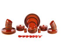 Caffeine Ceramic Handmade Rustic Red And Green Combo Dinner Set (37 Pcs.)