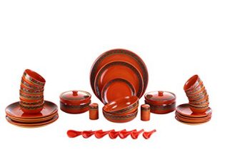 Caffeine Ceramic Handmade Rustic Red And Green Combo Dinner Set (37 Pcs.)