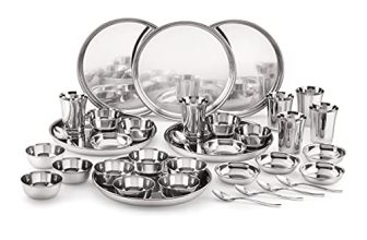 Attro Stainless Steel Dinner Set Of 6 Thali, 6 Plate, 12 Bowl, 6 Glass, 6 Spoon (Thali Diameter 12 Inch) – Set Of 36, Silver, Standard