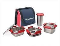 Signoraware Best Squarex Steel Lunch Box With 100% Steel Lids And Red Blue Bag, 225Ml+350Ml+500Ml+ (370Ml Tumbler), Set Of 4, Red