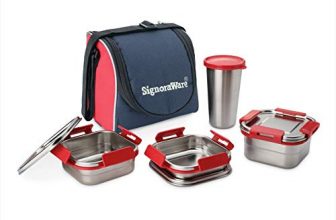 Signoraware Best Squarex Steel Lunch Box With 100% Steel Lids And Red Blue Bag, 225Ml+350Ml+500Ml+ (370Ml Tumbler), Set Of 4, Red