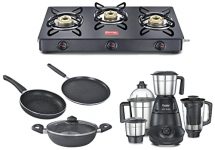 Prestige Iris Plus 750 Watt Mixer Grinder & Aluminium Omega Deluxe Granite Finish (Black) – 3 Pieces & Prestige Magic Open Glass Top Gas Stove With Tri Pin Burners Gtmc 03 (Black)