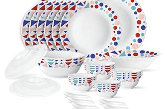 Larah By Borosil Speckle Silk Series Opalware 35 Pieces Dinner Set, Opal Glass Dinner Plates & Bowls, Crockery Set For Dining