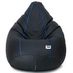 Tud Faux Leather Classic Bean Bag Filled With Beans (Black With Royal Blue Piping, Xxxl )