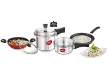 Pigeon Starter Kit Of Mini Containing 2 And 3 Litre Aluminium Pressure Cooker Outer Lid, 250 Mm Flat Tawa And 240Mm Kadai With Glass Lid (Silver)