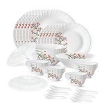 Larah By Borosil Red Bud Silk Series Opalware Dinner Set, 35 Pieces, White