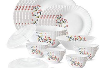 Larah By Borosil Red Bud Silk Series Opalware Dinner Set, 35 Pieces, White