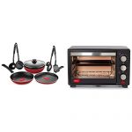 Pigeon By Stovekraft Mio Aluminium Set & Electric Oven Toaster And Griller, 16-L With Barbeque Rack, Crumb Tray, Pan Handle And Skewer Rods Red (8 Pieces)