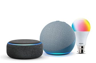 Echo Dot (3Rd Gen, Black) And Echo Dot (4Th Gen, Blue) Combo With Wipro 9W Led Smart Bulb