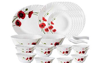Larah By Borosil Red Carnation Opalware Dinner Set, 33-Pieces, White