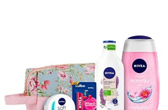 Nivea Naturally Good, Natural Lavender Body Lotion, 200 Ml, Nivea Women Shower Gel, Waterlily & Oil Body Wash, 125 Ml, Nivea Soft Crème 50Ml And Nivea Lip Care Fruity Shine Cherry, 4.8G With Pink Floral Styling Pouch