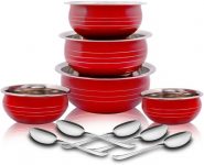 Classic Essentials By Classic Essentials Stainless Steel Handi Set Color Coating Red Stainless Steel Handi Set Of 10 Piece Cookware/ Container/Milk Pot Pan/Patila/Bhagona/Serving Bowl/Biryani Cook & Serve Set Of 5 Pcs Set, 11Cm, 13Cm, 14Cm, 17Cm, 19 Cm, (300Ml,500Ml,650Ml,1100Ml,1350Ml) Stainless St