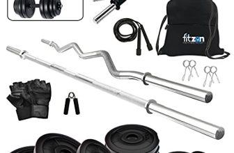Fitzon Pvc 50Kg Combo 42 Home Gym Set With One 3 Ft Curl + One 4 Ft Plain And One Pair Dumbbell Rods With Gym Accessories