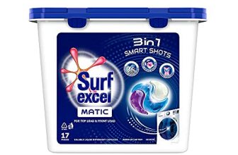 Surf Excel Matic 3 In 1 Smart Shots 17 Pcs, Laundry Detergent Pods For Tough Stain Removal In Front Load & Top Load Washing Machines, Fragrance + Care