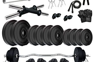 Fitmax Pvc 50Kg Combo 343 Wb Home Gym Set With One 3 Ft Curl + One 3 Ft Plain And One Pair Dumbbell Rods With Gym Accessories
