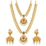 Sukkhi Ethnic Pearl Gold Plated Floral Peacock Long Haram Necklace Set For Women , Maroon, Free Size (Skr70418_March21)