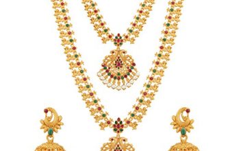 Sukkhi Ethnic Pearl Gold Plated Floral Peacock Long Haram Necklace Set For Women , Maroon, Free Size (Skr70418_March21)