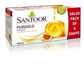 Santoor Pureglo Glycerine Bath Soap With Almond Oil For Moisturized, Nourished And Shining Skin, 125G (Pack Of 6)